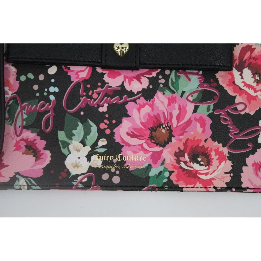 Juicy Couture Floral Wristlet Clutch Black Pink Bow Heart Charm Card Slots NWOT